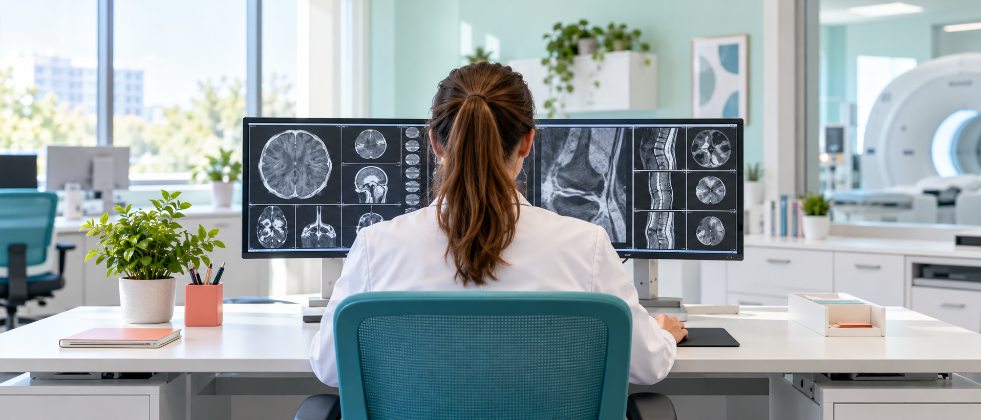 A clinician reviewing diagnostic images in a bright radiology workspace